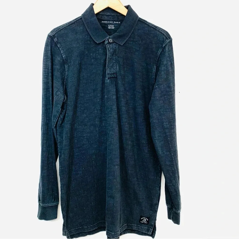 American Eagle Long Sleeve Polo Men Medium Tall Gray Texture Collar 100% Cotton